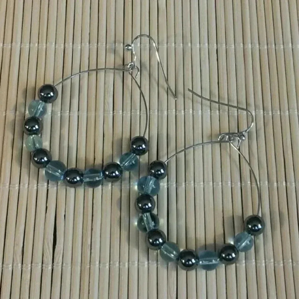 Handmade Hematite Aqua Blue Glass Beads Silver WGP Teardrop Hoop Earrings